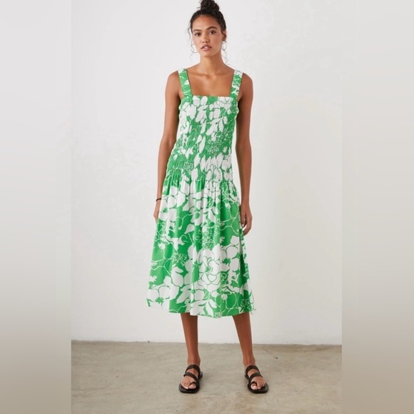 NWOT RAILS Seville Green Lotus Smocked Drop Waist Midi Dress 💚 Large - Picture 3 of 16